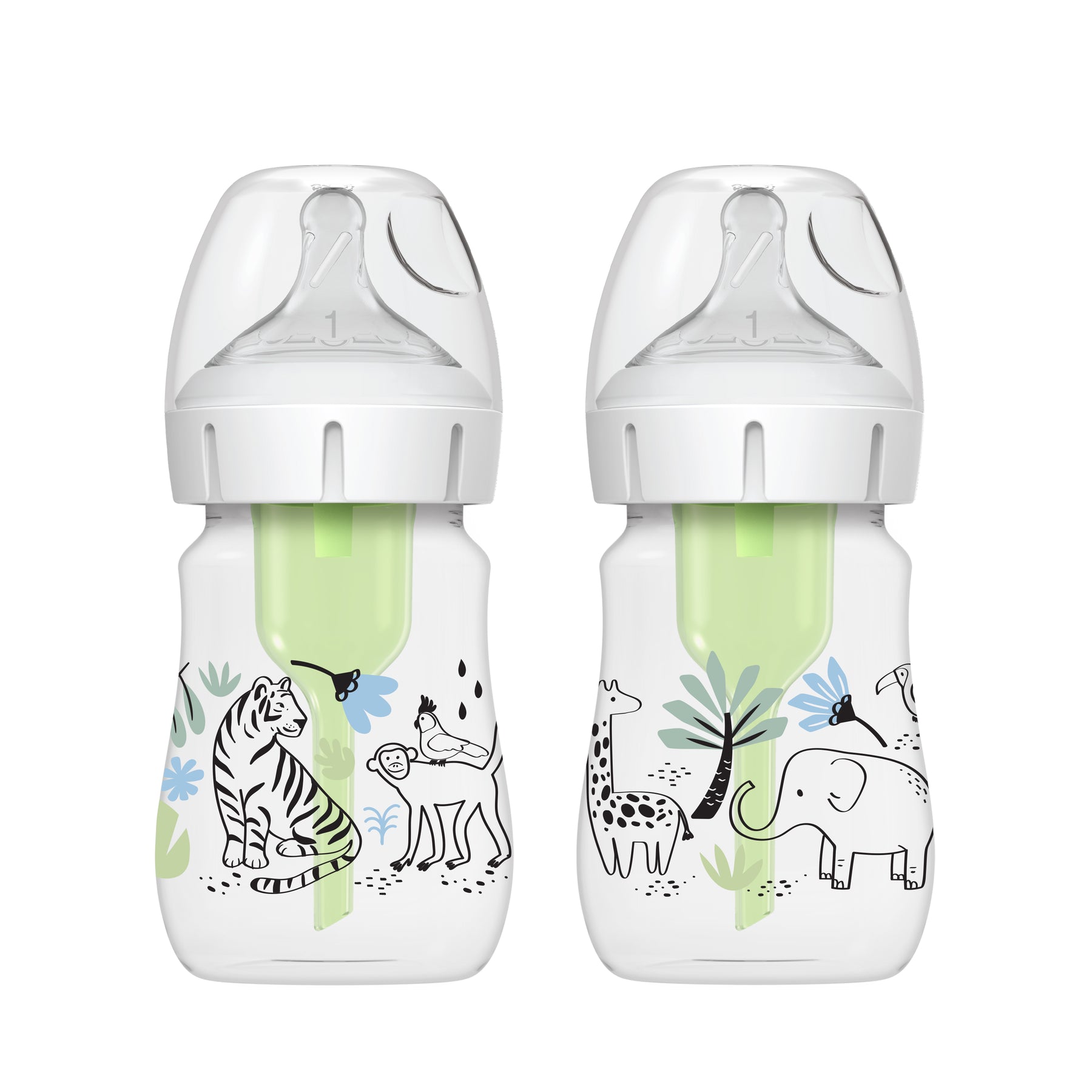 Dr. Brown's Wide-Neck Options+ baby bottle 2-pack with Level 1 slow-flow nipple and jungle pattern