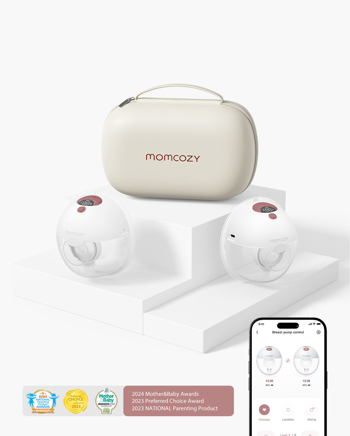 Momcozy M5 wearable breast pump set with cream carrying case and two pump cups