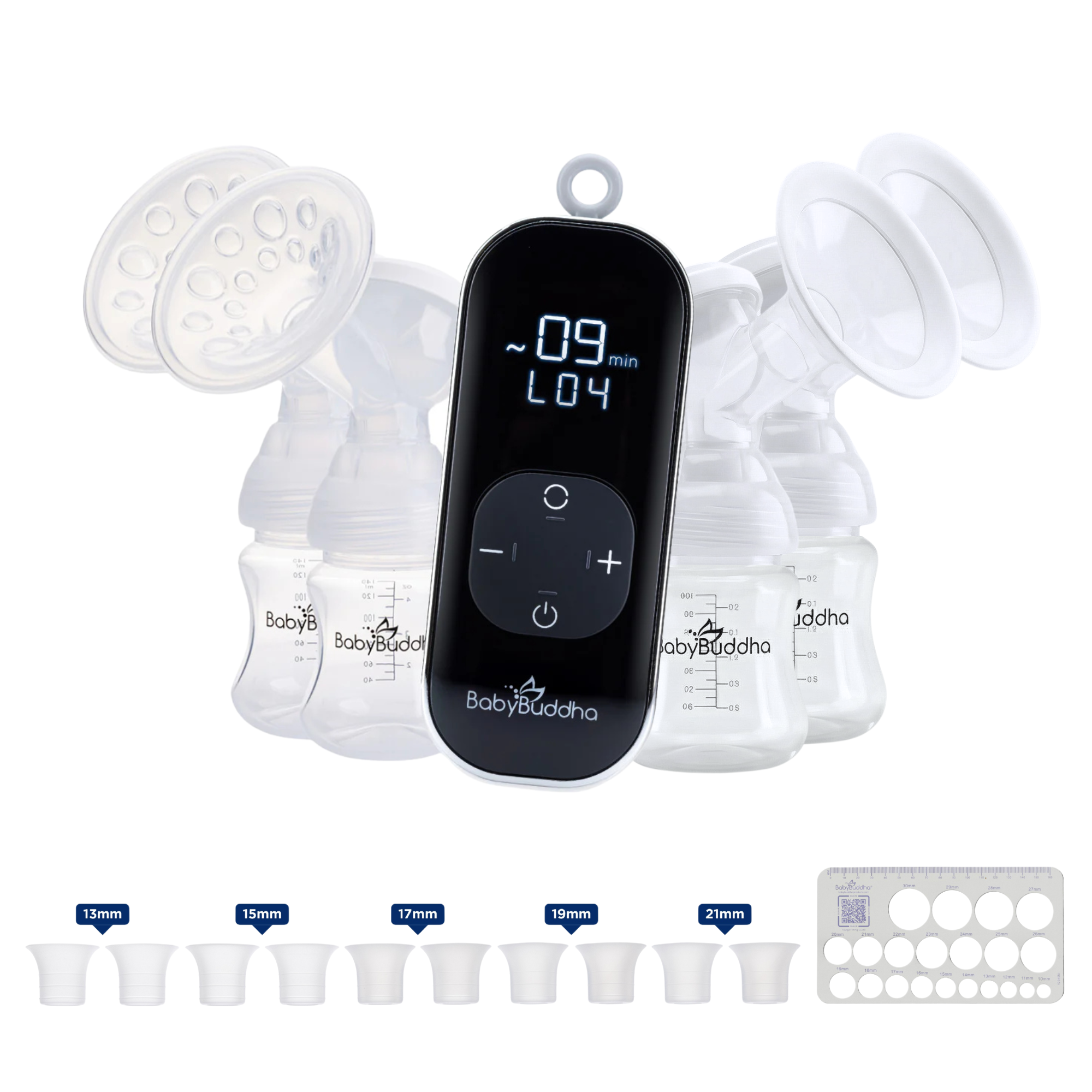 Baby Buddha 2.0 portable breast pump motor with multiple flange sizes and bottles
