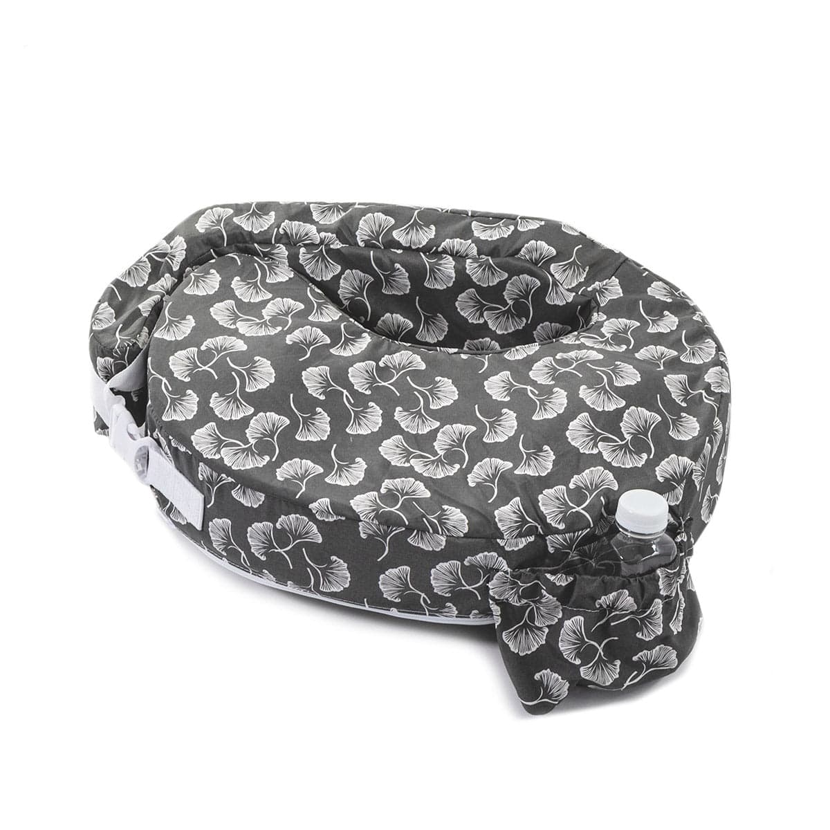 My Brest Friend Original nursing pillow with grey ginkgo print, wrap-around strap, and built-in water bottle pocket