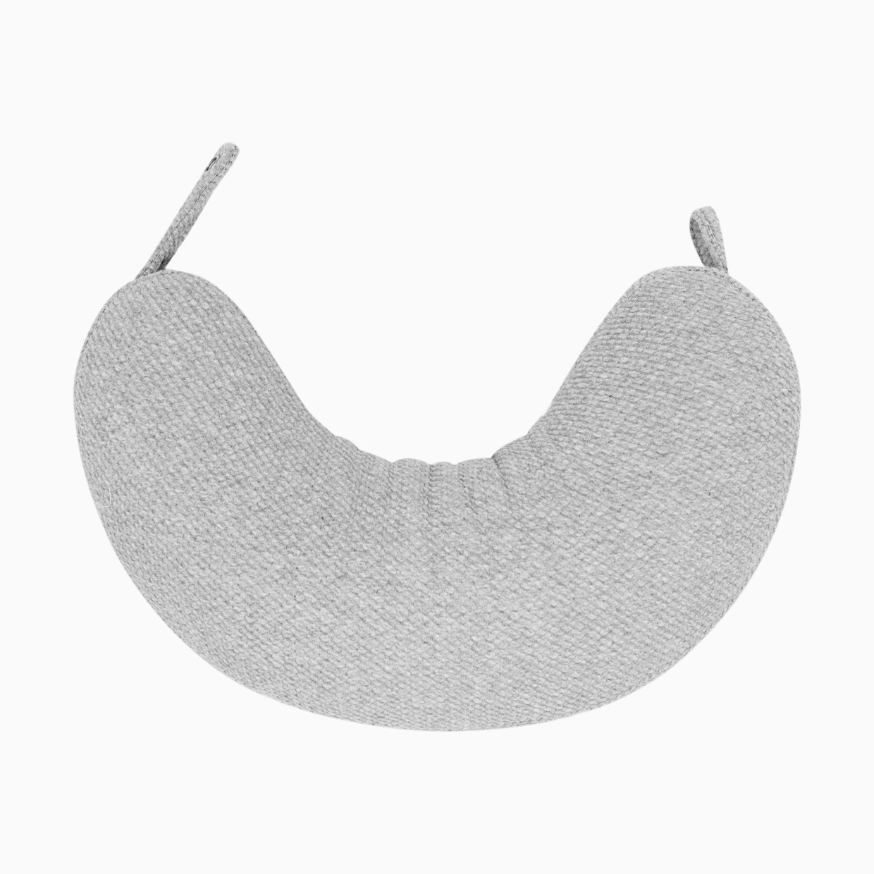Boppy Anywhere travel nursing pillow in heathered grey, compact crescent shape with yoga-style fabric belt