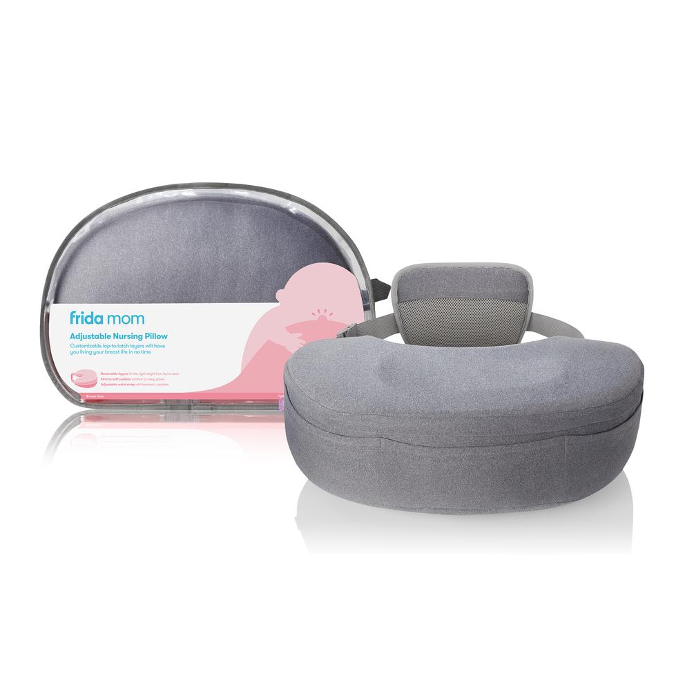 Frida Mom Adjustable Nursing Pillow in grey, showing 3 stackable layers, mesh back support, and storage pockets