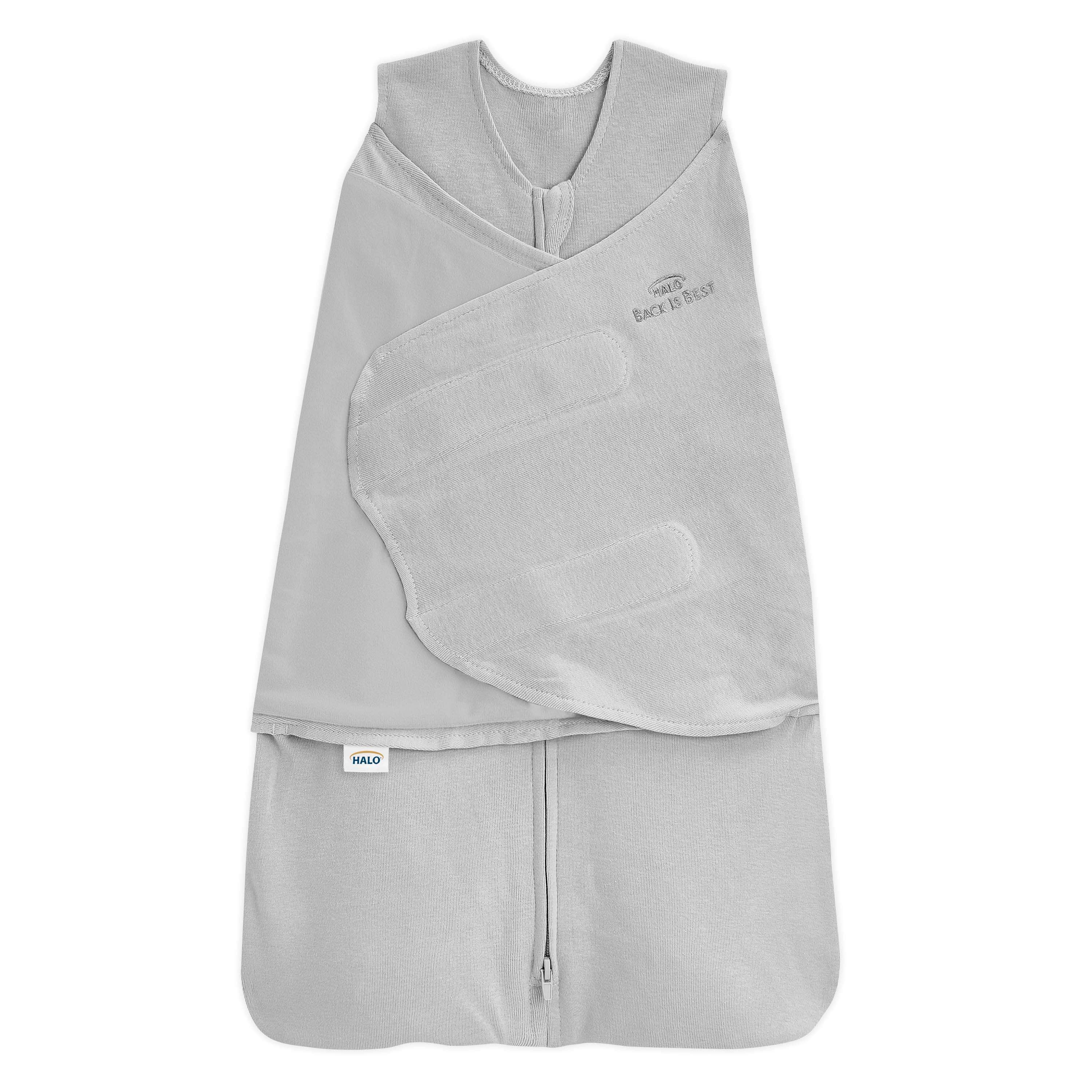 Halo SleepSack Swaddle in light gray laid flat, the most common starter swaddle in US hospitals