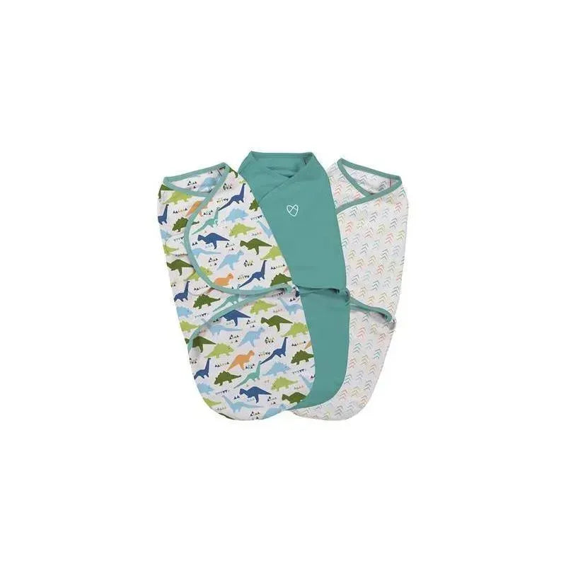 SwaddleMe Original 3-pack laid flat with dinosaur and chevron prints, the budget swaddle that just works
