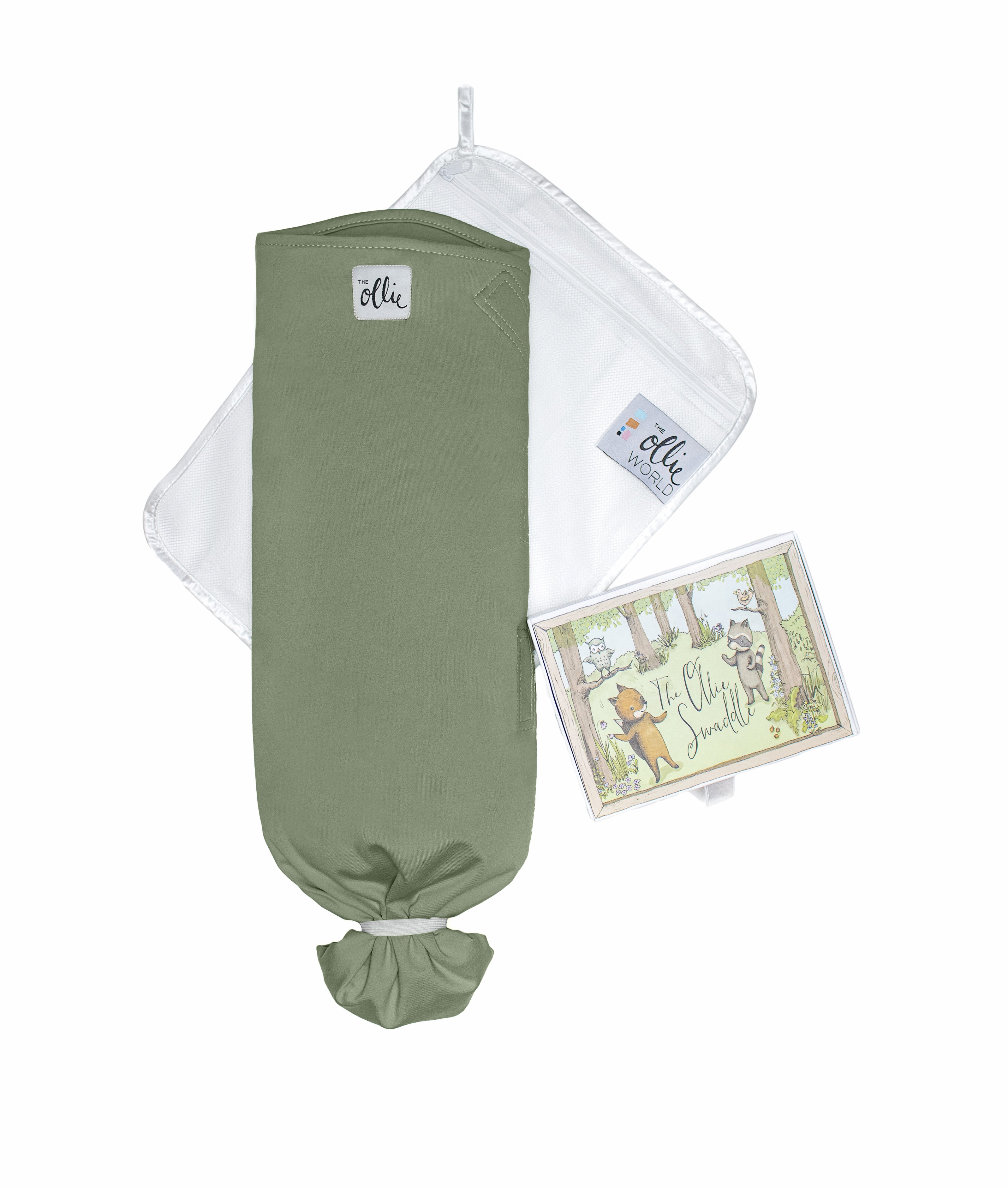 The Ollie Swaddle in olive green laid flat with packaging, the moisture-wicking premium swaddle