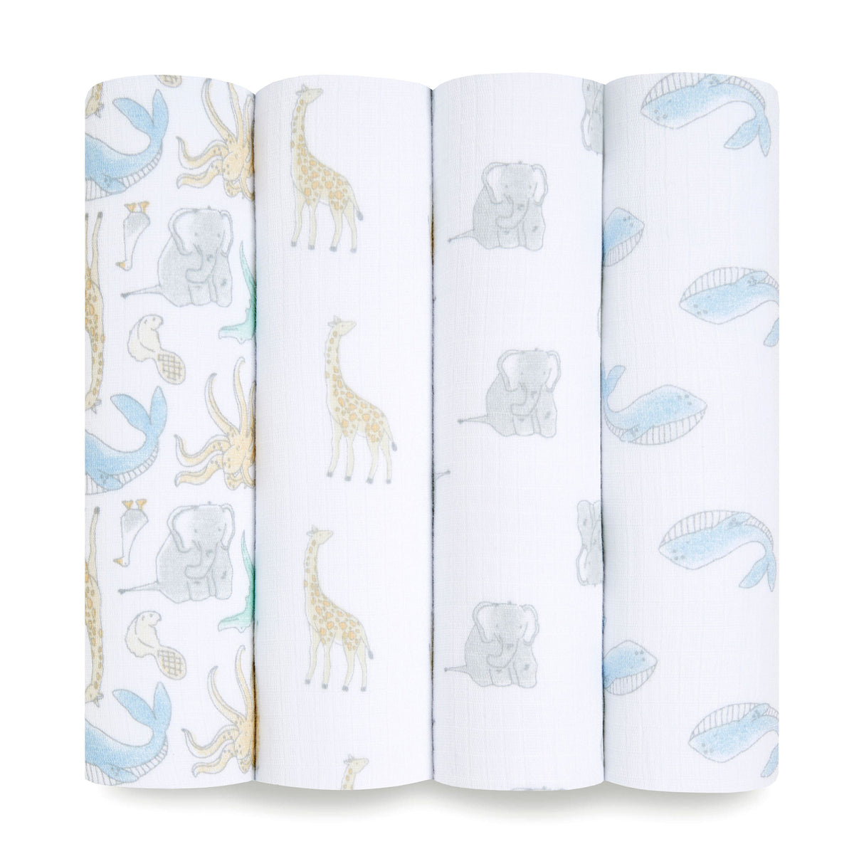 Aden and Anais Classic Muslin Swaddle 4-Pack rolled showing animal prints, the most versatile swaddle option