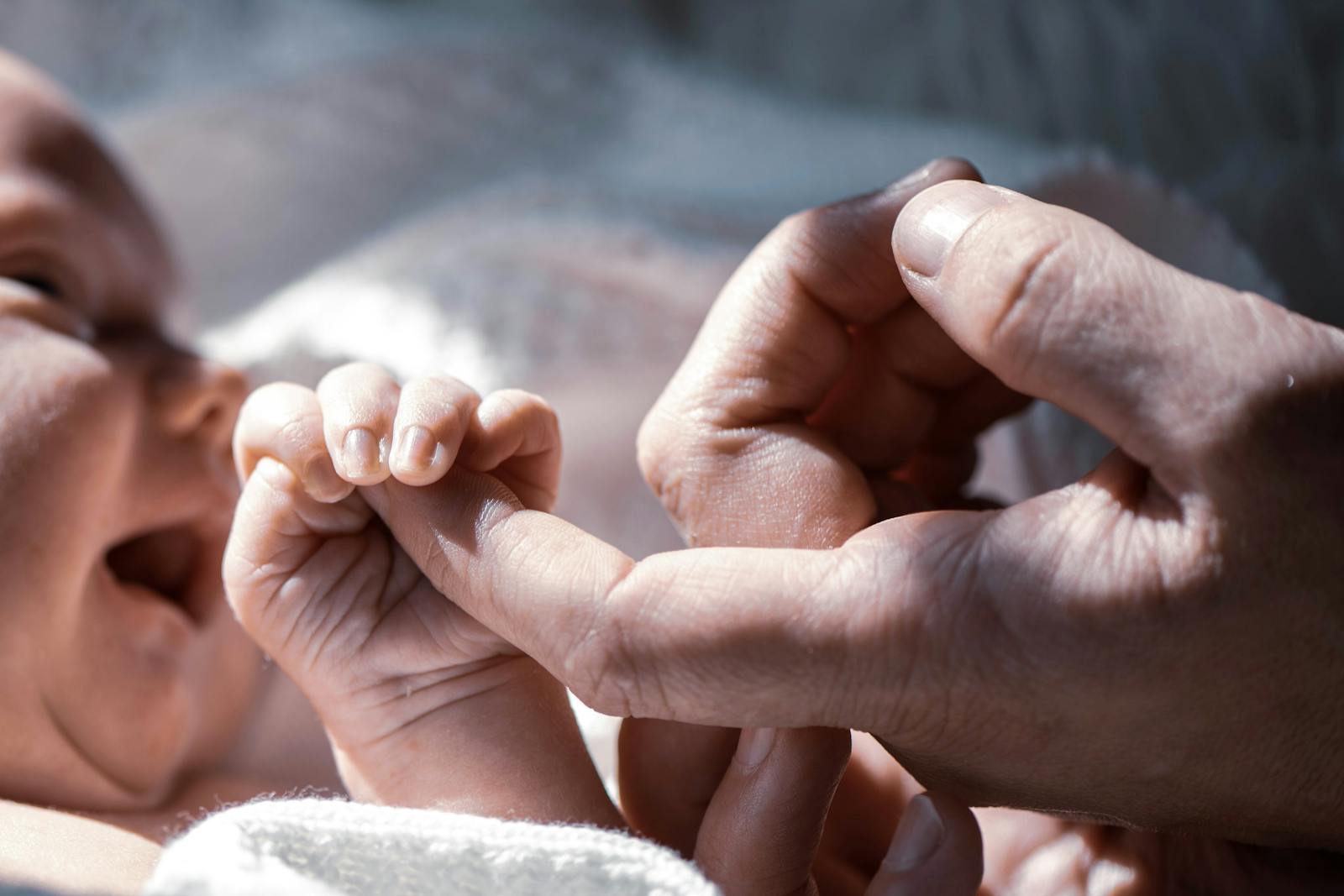 A tiny baby hand wrapped around an adult finger