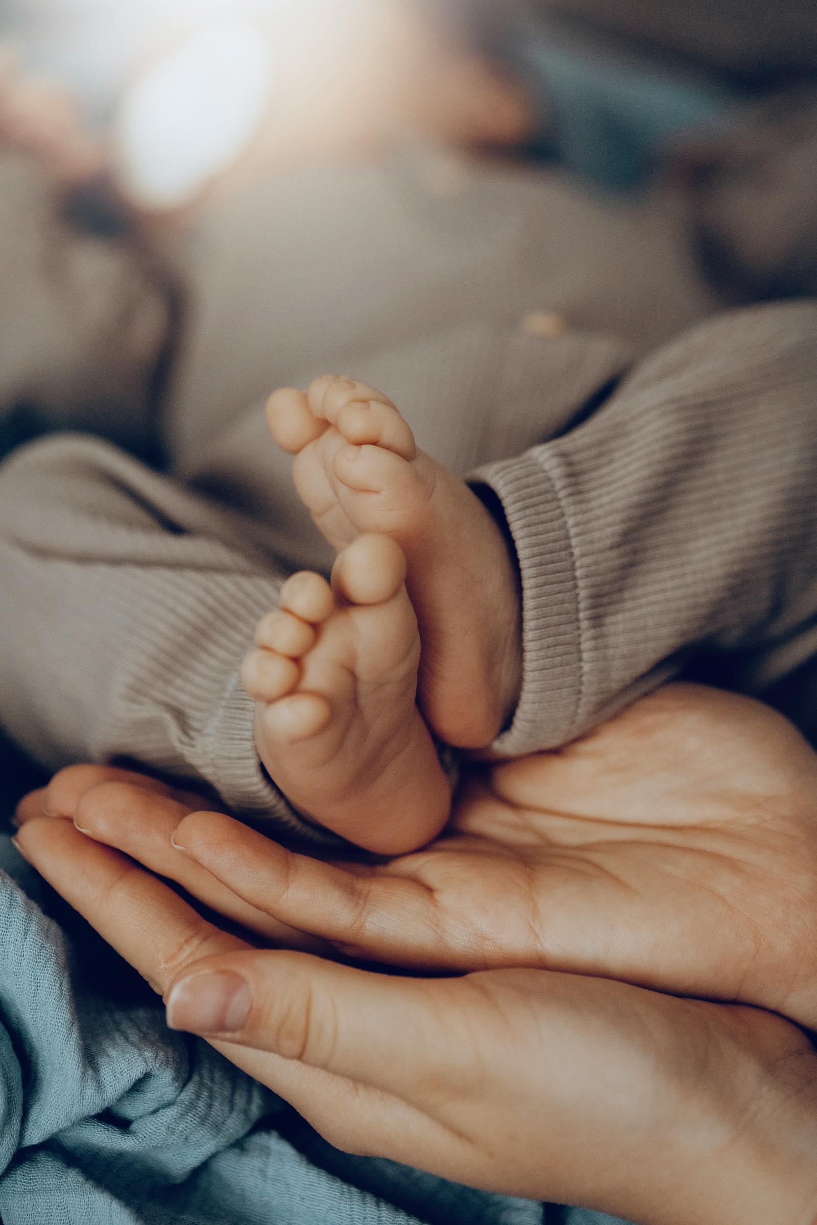 Close-up of tiny baby feet cradled gently in adult hands, soft light