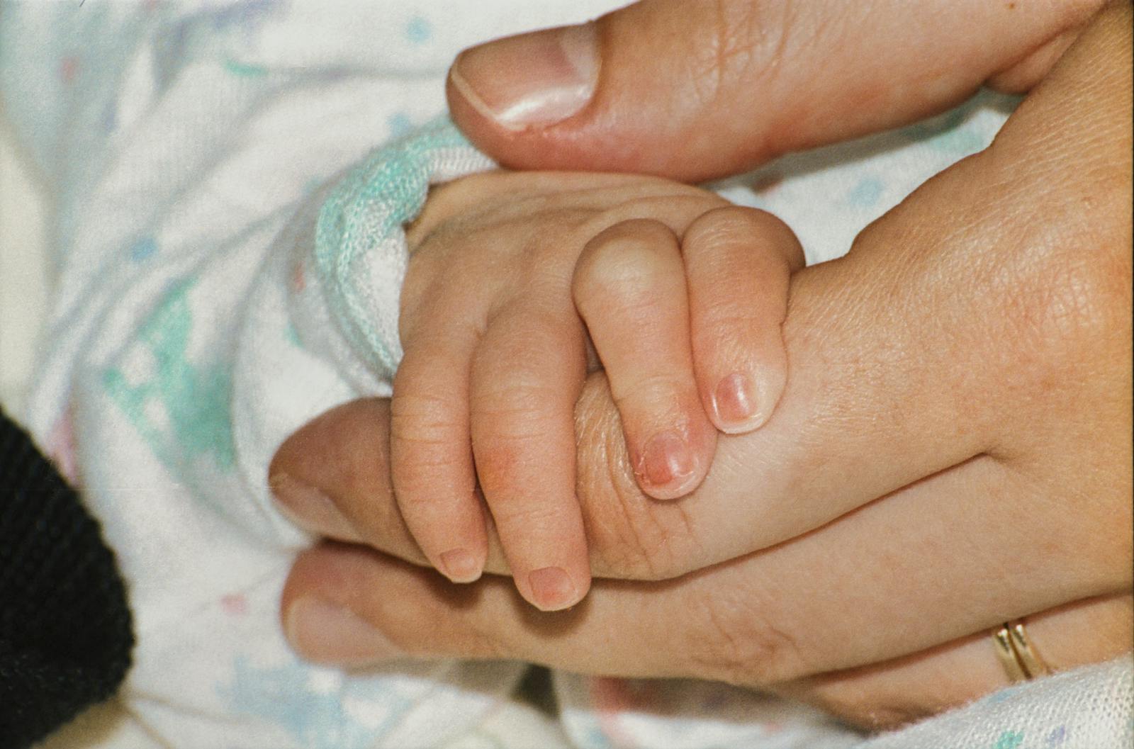 A close-up of a baby's hand gently held by an adult hand, soft natural light, intimate composition.