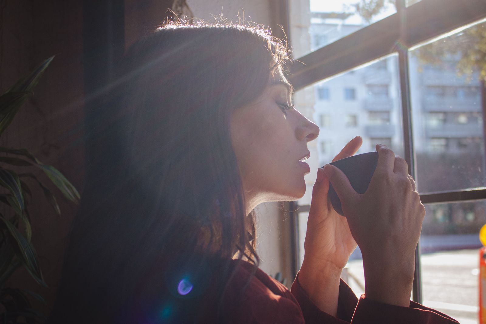 A woman resting quietly by a sunlit window with a warm drink