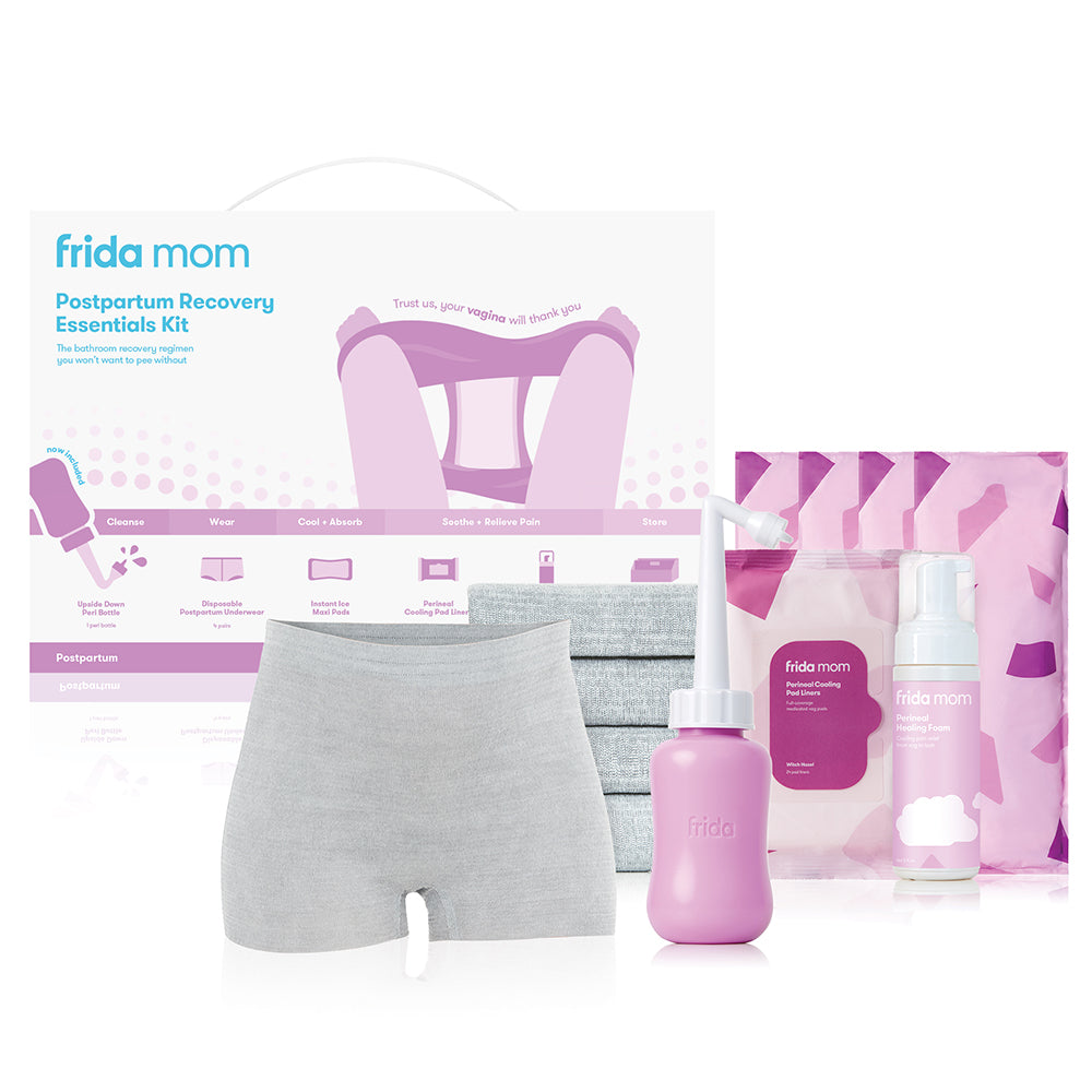 Frida Mom Postpartum Recovery Essentials Kit showing peri bottle, disposable underwear, ice maxi pads, perineal cooling pad liners, and perineal healing foam in original packaging
