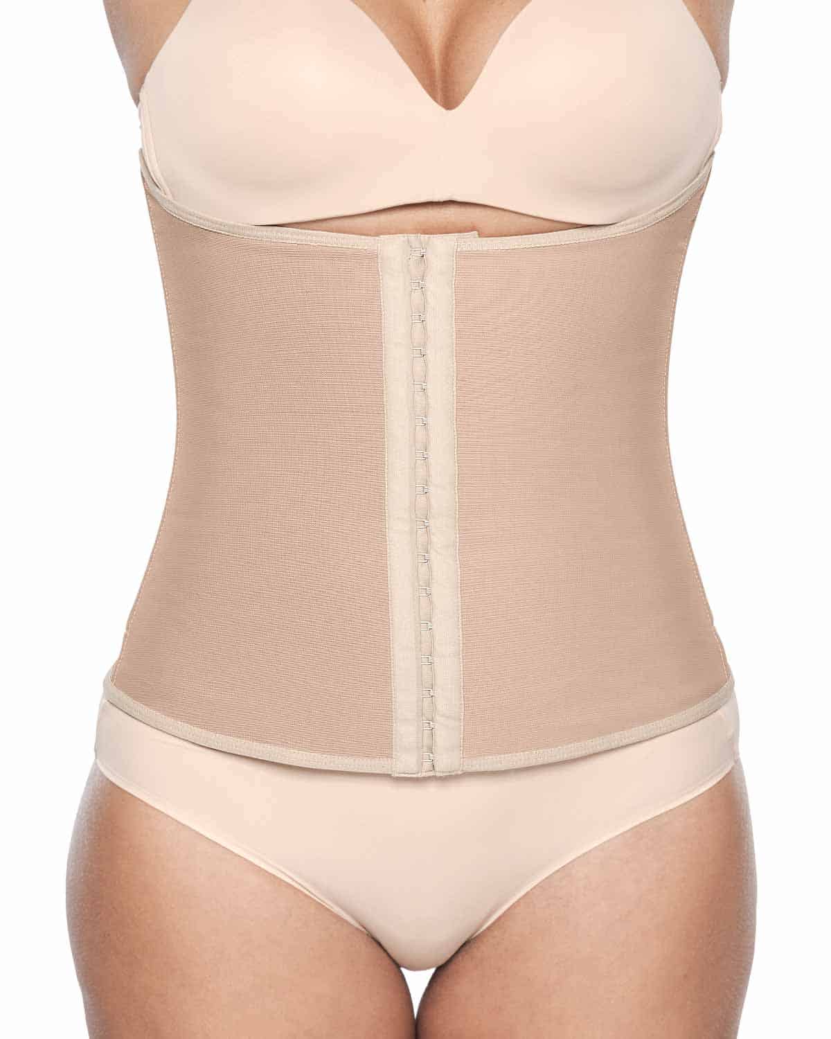 Bellefit Abdominal Binder Corset shown on a model from neck to thighs, nude-color hook-and-eye-front corset designed for C-section incision support