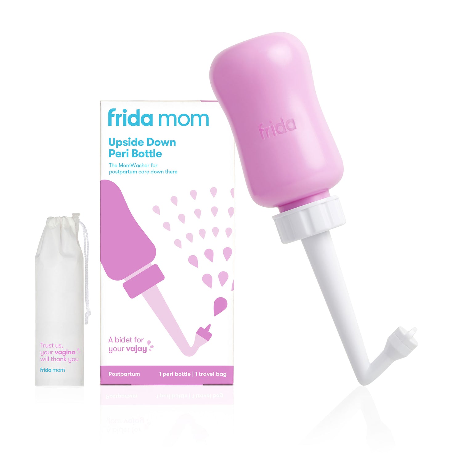 Frida Mom Upside Down Peri Bottle with retail box and travel bag, the angled-neck pink peri bottle designed to be held upside down for postpartum perineal cleaning