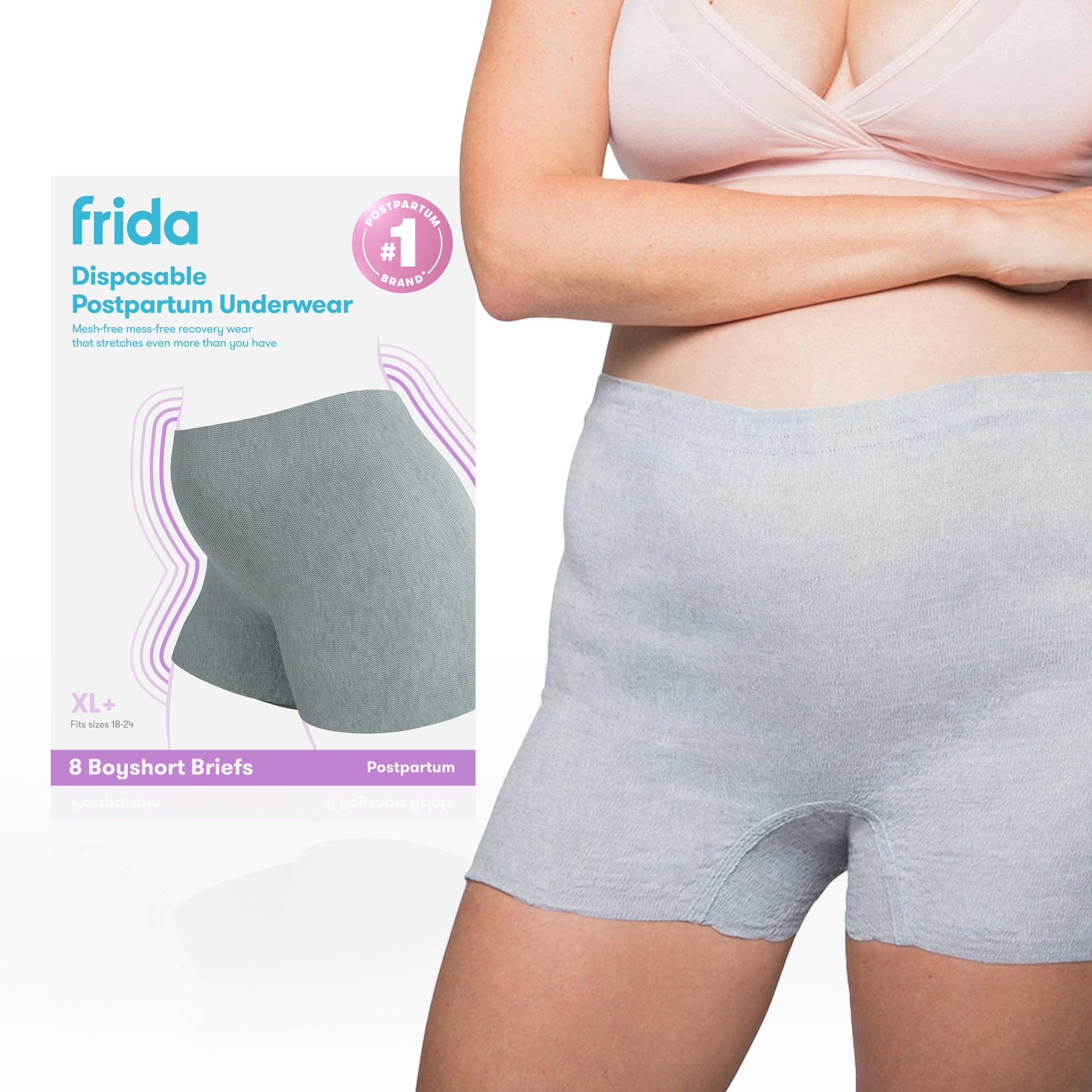 Frida Mom Disposable Postpartum Underwear in black boyshort cut, 8-pack of seamless microfiber-and-spandex briefs designed for postpartum bleeding