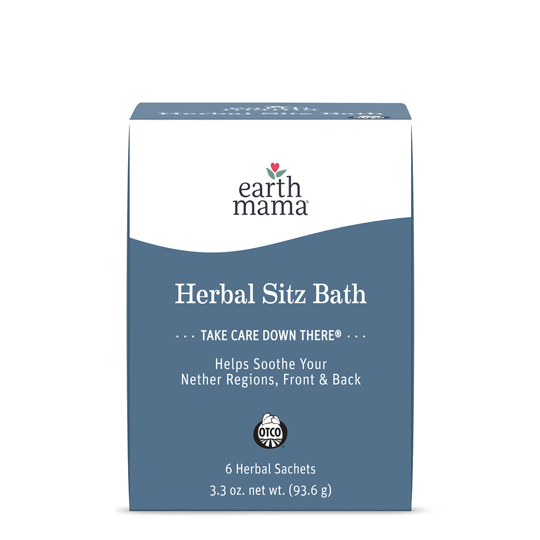 Earth Mama Herbal Sitz Bath box and herbal compress sachets filled with sea salt, witch hazel, yarrow, plantain, and calendula