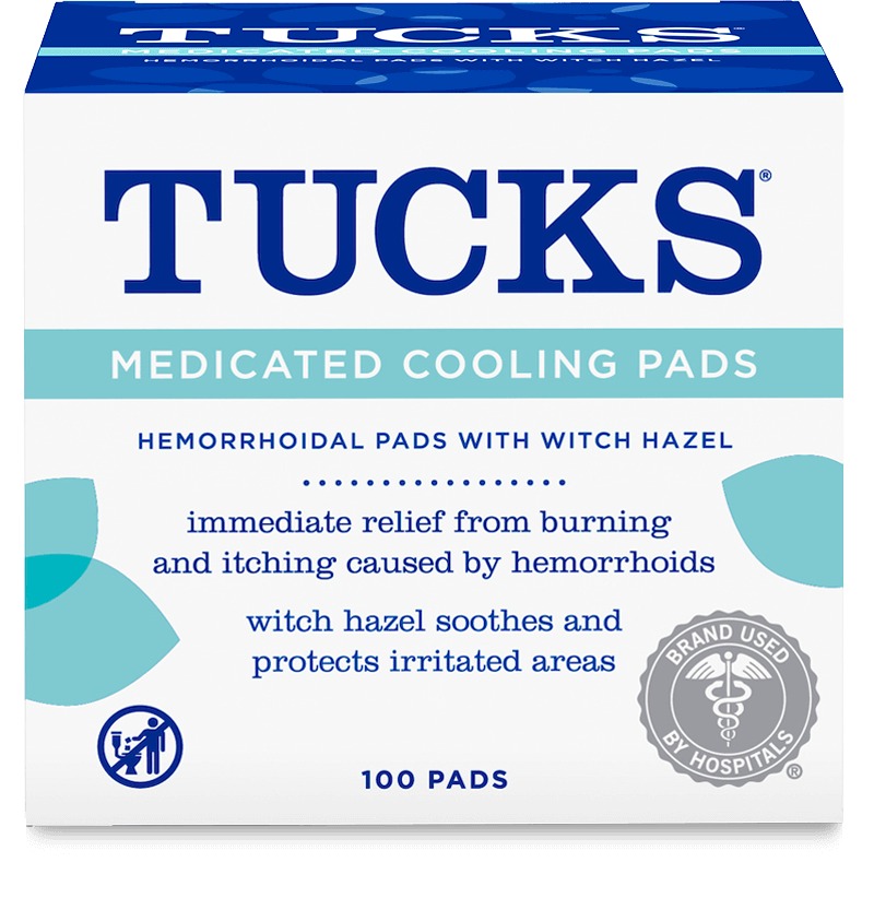 Tucks Medicated Cooling Pads box, 100-count round witch hazel pads used for hemorrhoid and perineal relief