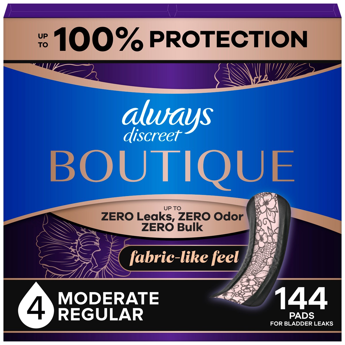 Always Discreet Boutique Incontinence Pads in pink retail packaging, moderate-absorbency feminine-cut pads for postpartum bleeding transition