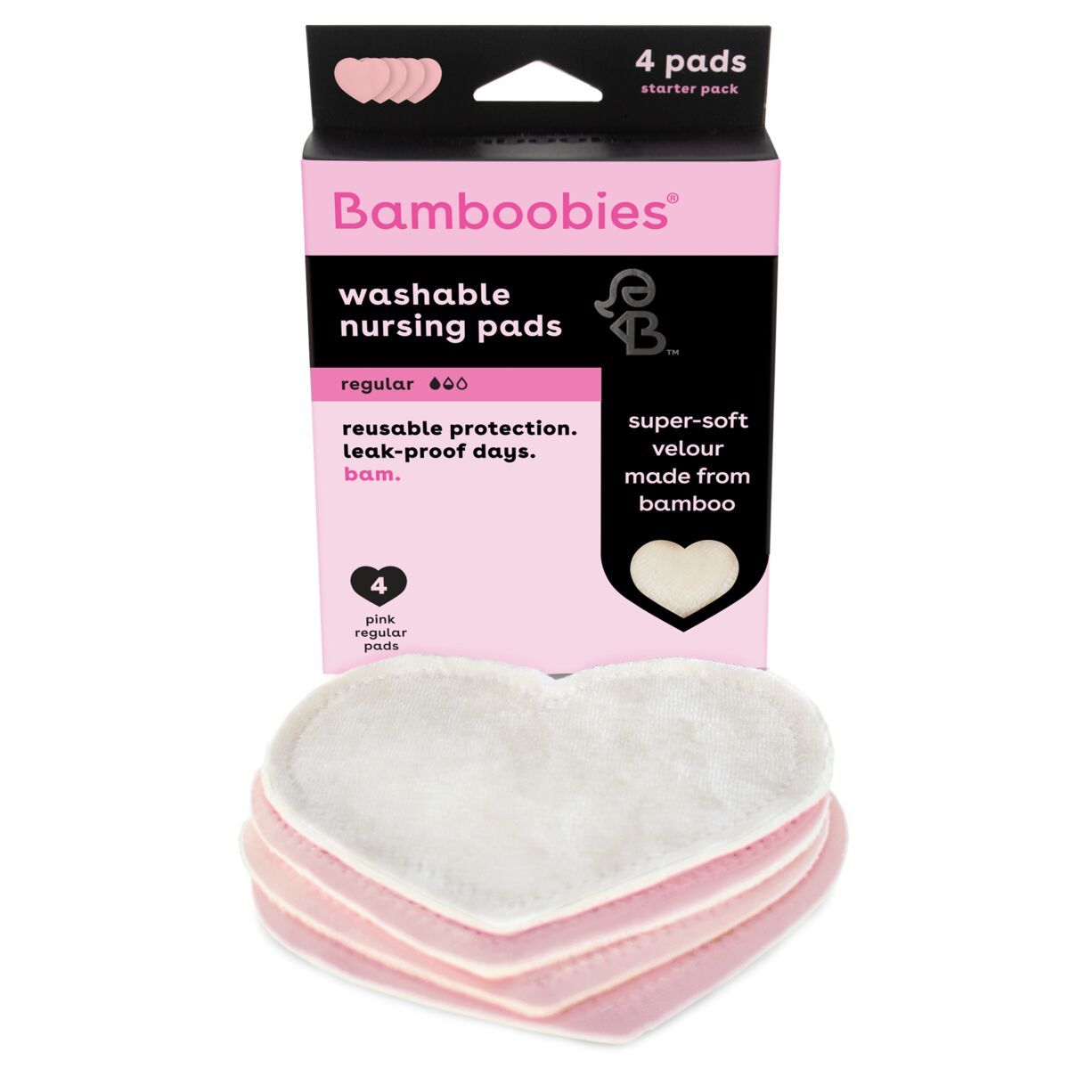 Bamboobies Washable Nursing Pads, pink heart-shaped reusable nursing pads made of bamboo rayon velour with a milk-proof outer liner