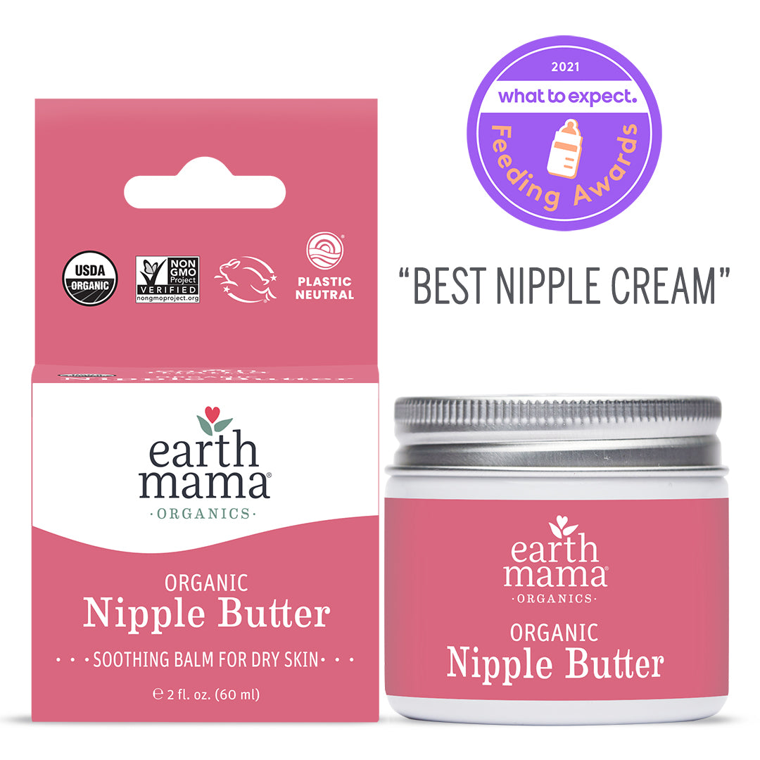 Earth Mama Organic Nipple Butter jar in white packaging, the lanolin-free non-GMO certified nipple cream