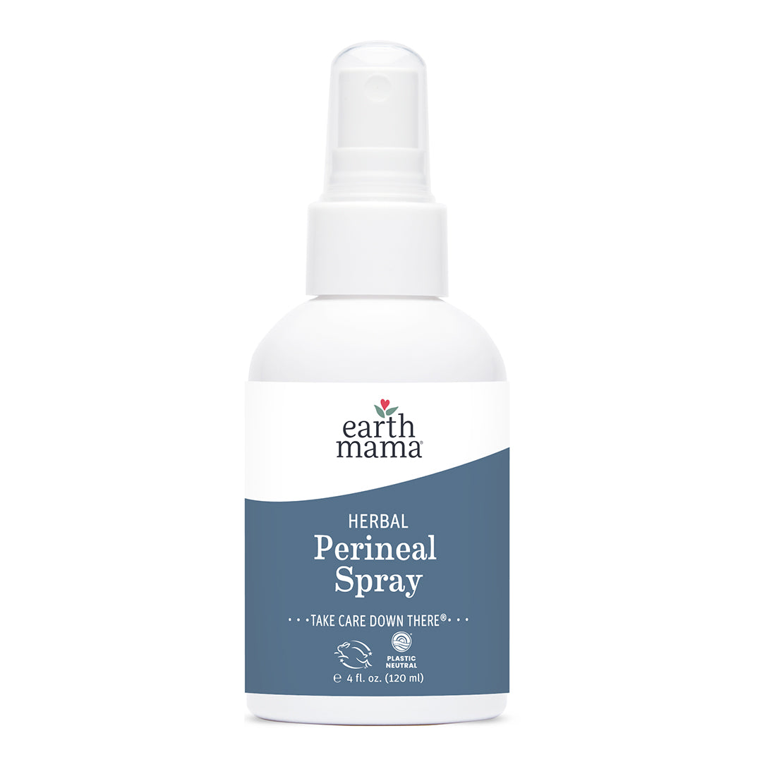 Earth Mama Herbal Perineal Spray bottle in white packaging, an organic witch-hazel-and-cucumber cooling mist for postpartum perineal soreness